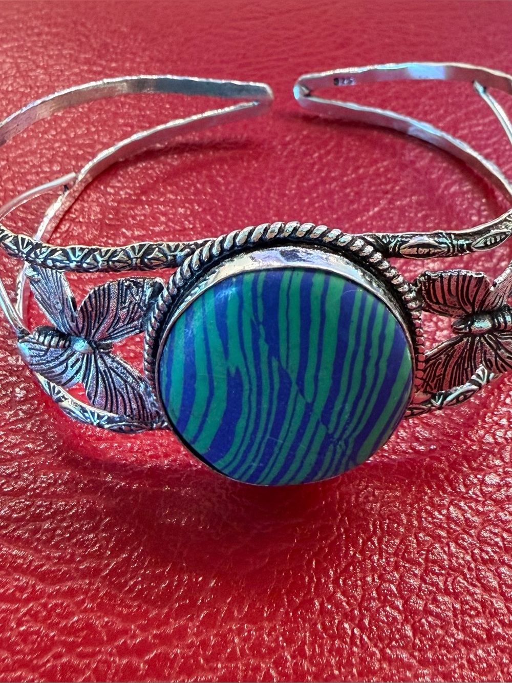 Sterling-Style Silver Cuff Bracelet with Blue-Green Oval Stone